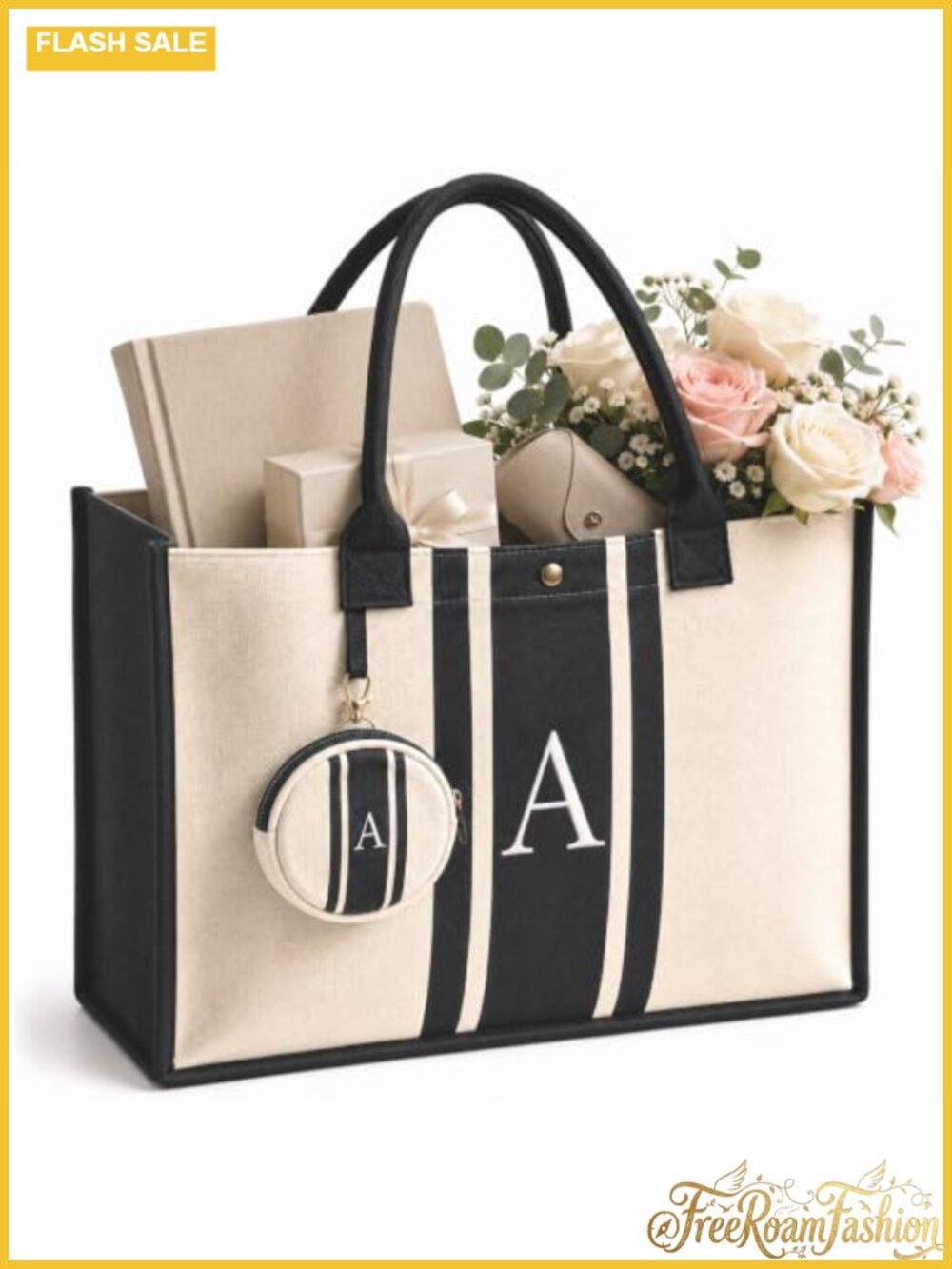 Monogrammed Initial Canvas Tote Bag Zip Pouch Cotton Women Gift